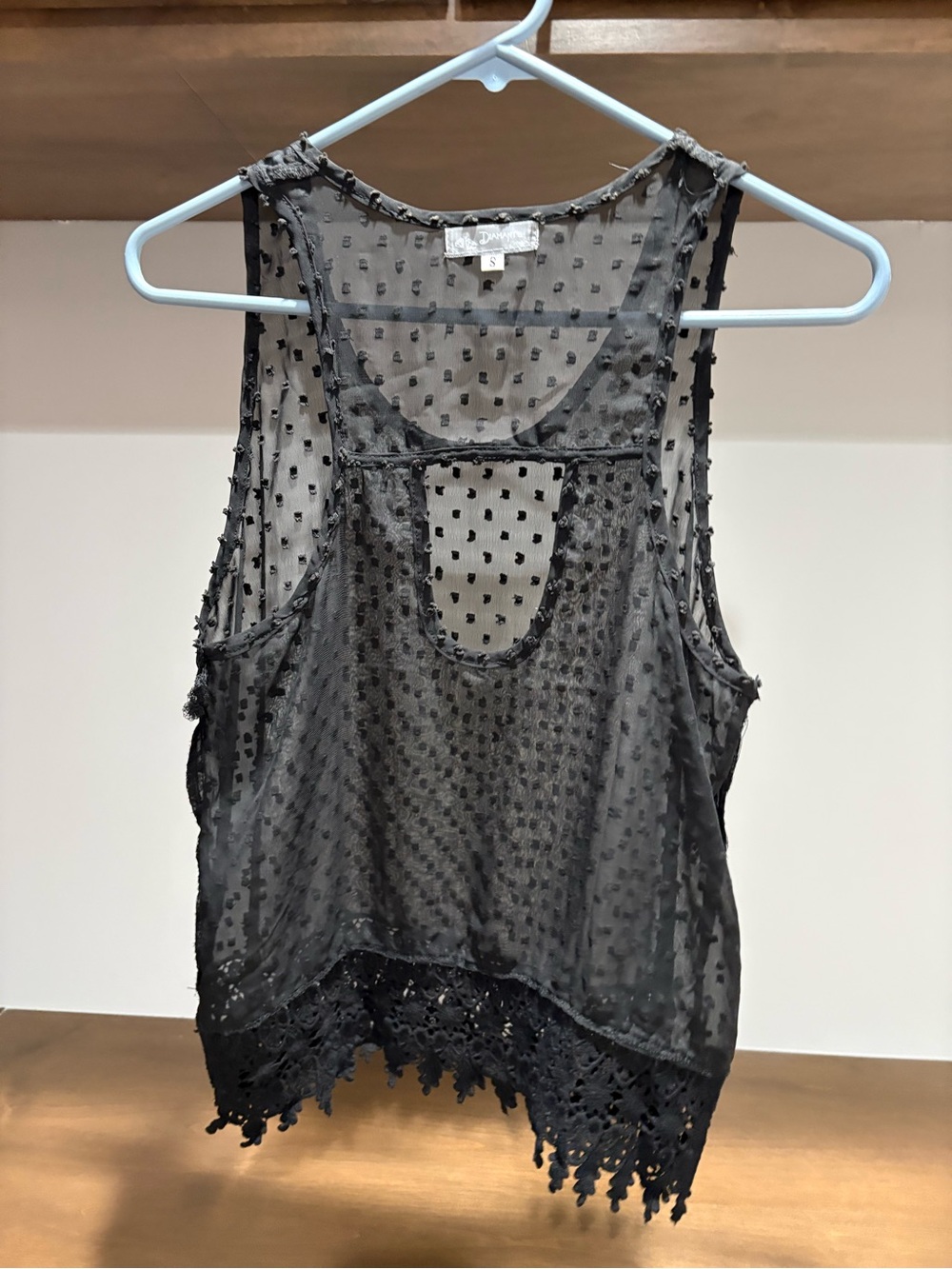 Sheer Black Swiss Dot Tank with Lace Hem